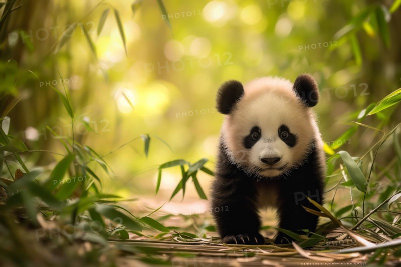 Cute panda cub in a lush bamboo grove, The image showcases the beauty and serenity of nature and wildlife. Endangered species, AI generated
