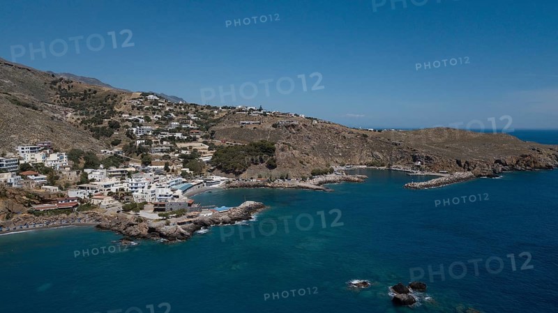 Aerial view of the harbour town of Sfakia on the south coast of the island of Crete on the Libyan Sea Mediterranean, Chora Sfakion, Crete, Greece, Europe
