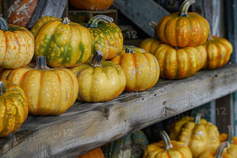 Close up of yellow pumpkins on wooden racks at market. Generative Ai, AI generated
