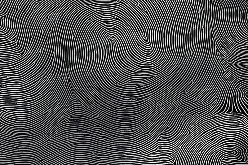 Fingerprint background dominated by swirl patterns in black and white, AI generated
