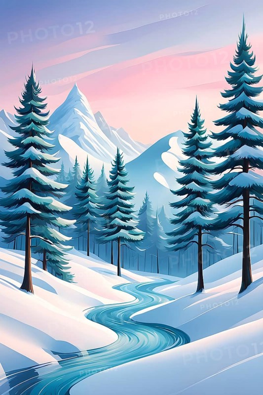Abstract winter wonderland with minimalist stylized pine trees and snowdrifts using soft pastel colors and gentle curves, AI generated