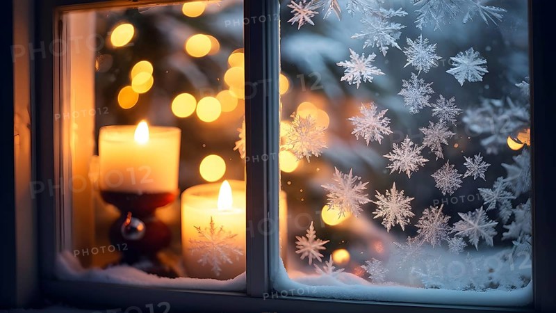 Snow-covered window with frost patterns, candlelight softly glowing through the glass, and warm, blurry Christmas lights in the background, AI generated