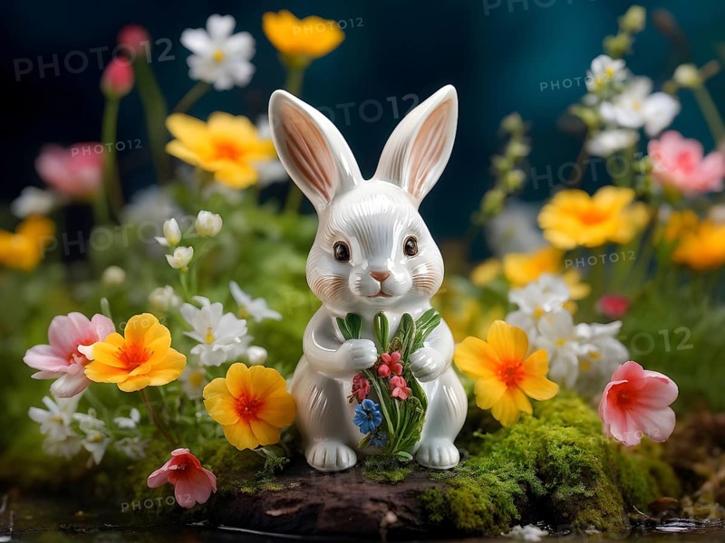 Vintage porcelain rabbit figurine surrounded by small, colorful spring flowers and soft moss, AI generated