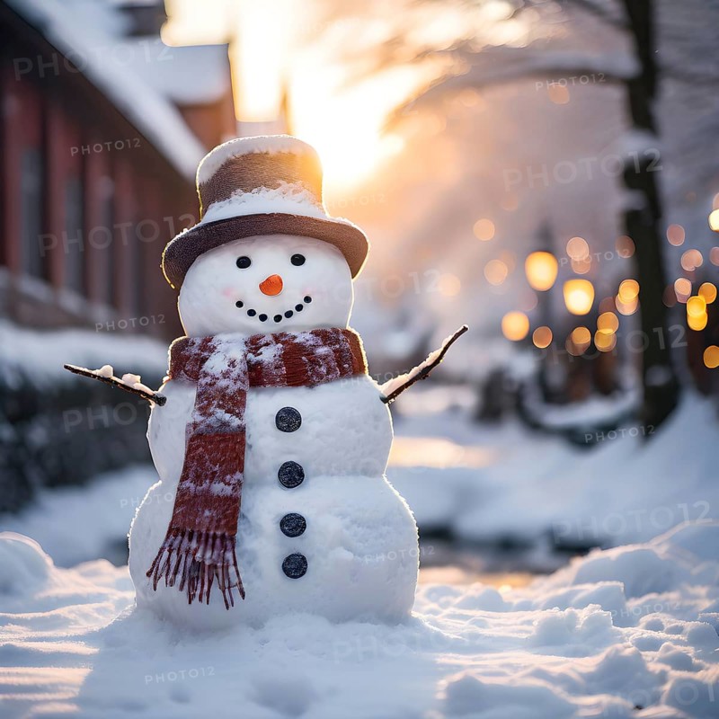 Snowman in an idylic winter urban scenery, snow-covered streets and buildings in background, ambient light, AI generated