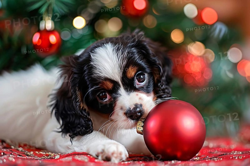 Tiny dog puppy playing with red Christmas tree bauble. Generative AI, AI generated