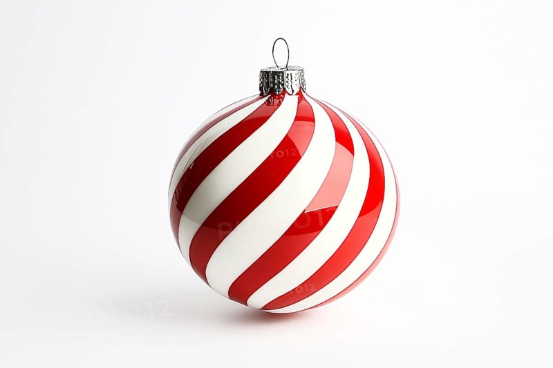 Single red and white striped Christmas bauble ornament on white background. Generative Ai, AI generated