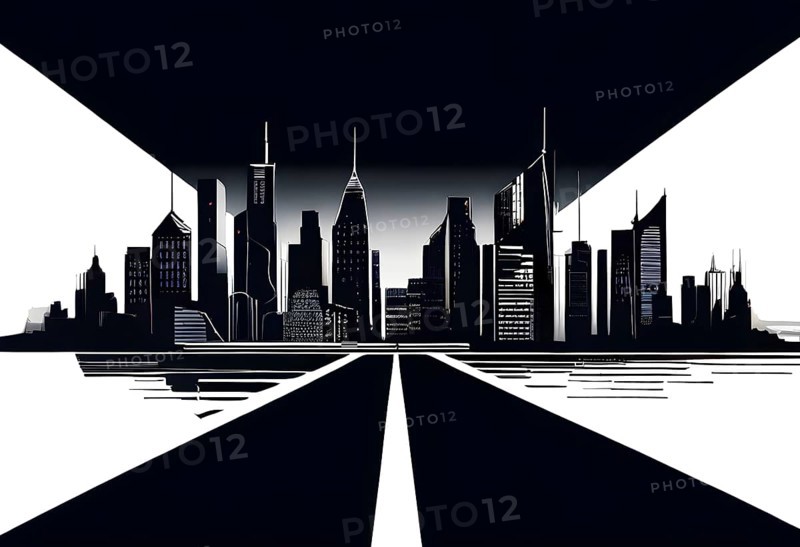 Modern city skyline using clean lines and geometric forms, with rectangular buildings and smooth, curved roads in a monochromatic color palette of grey, black, and white, AI generated