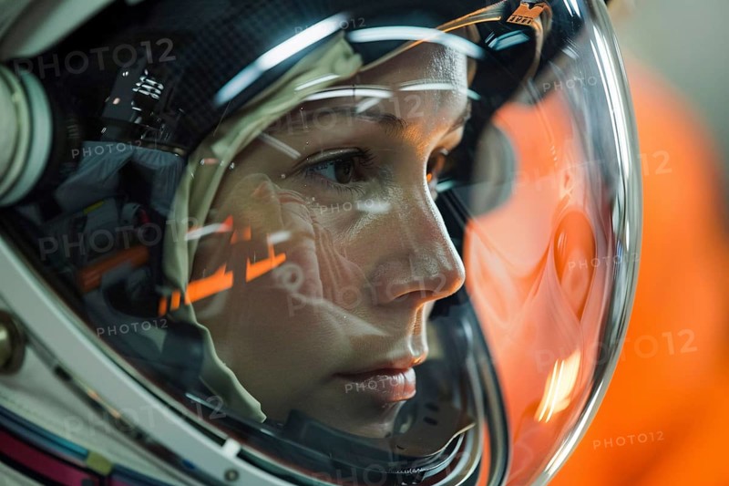 Close up of woman in astronaut suit with helmet. Generative Ai, AI generated
