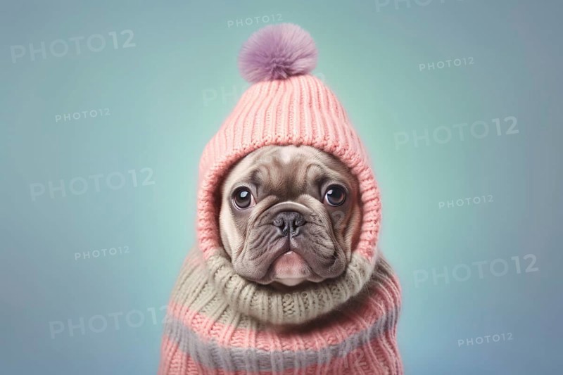 Young French Bulldog dog with cite pastel pink knitted sweater with hat in front of blue background. KI generiert, generiert AI generated