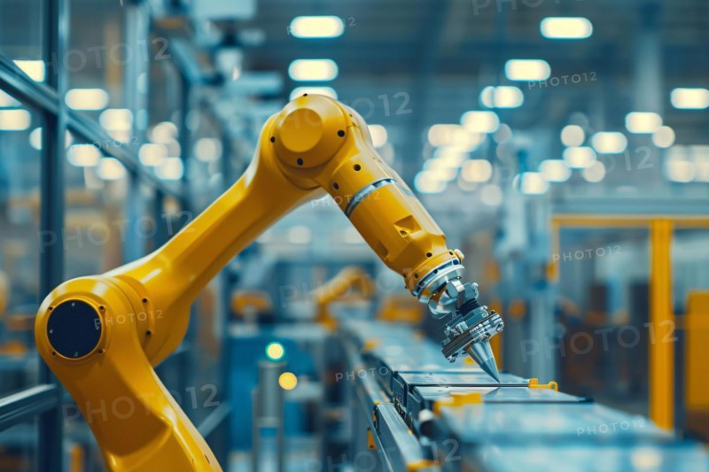 Yellow mechanical arms performing work at production line in factory. KI generiert, generiert, AI generated