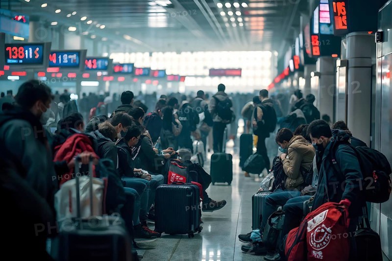 Airport gate with a crowd of waiting passengers, AI generated