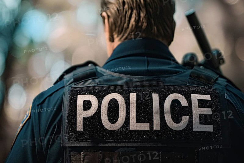Back view of police officer with bulletproof vest with text 'Police'. Generative Ai, AI generated