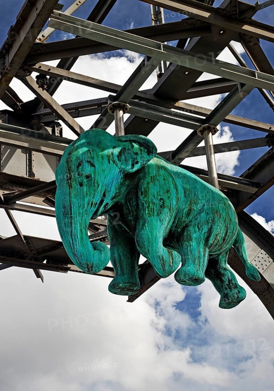 Elephant sculpture on an arch of the Wuppertal suspension railway, artist Jörg Mazur, LVR Industrial Museum, Oberhausen, Germany, Europe