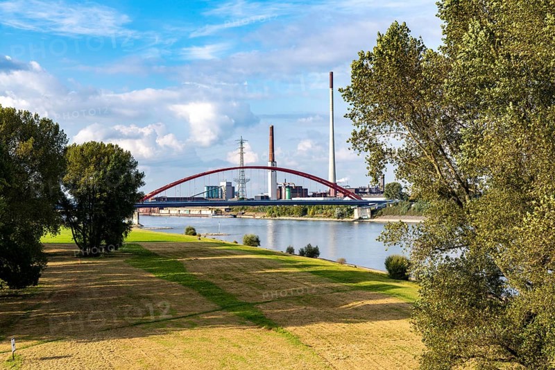 The Bridge of Solidarity, the longest tied-arch bridge in Germany, over the Rhine from Duisburg-Hochfeld to DU-Rheinhausen, the road bridge is dilapidated and has to be rebuilt, many thousands of lorries from the Logport port and cars use the bridge every day, new construction by 2040, Duisburg, North Rhine-Westphalia, Germany, Europe
