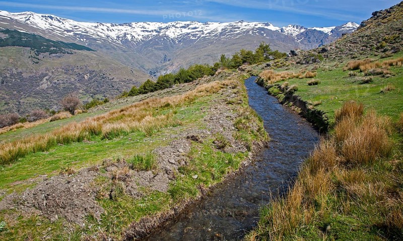 Water channel for irrigation known as an acequia, Sierra Nevada Mountains in the High Alpujarras, near Capileira, Granada Province, Spain, Europe