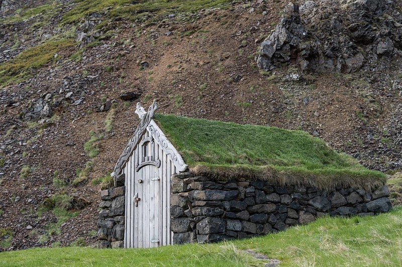 Old hut with stone walls and grass roof, Laugar, Westfjords, Iceland, Europe