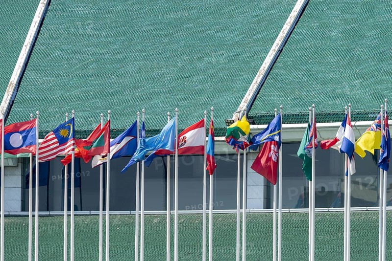Many flags in front of the United Nations Conference Centre, Bangkok, Thailand, Asia