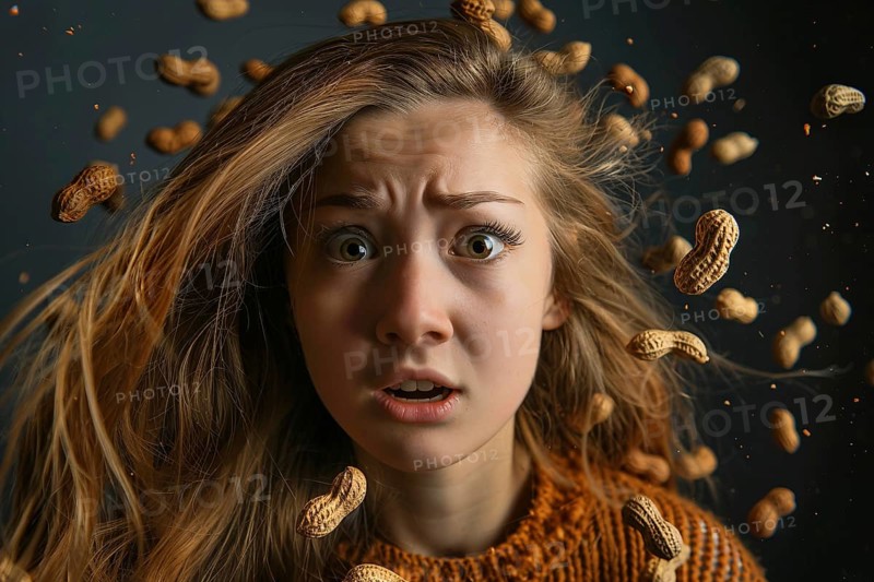 Scared woman surrounded by peanuts in front of dark background. Generative Ai, AI generated