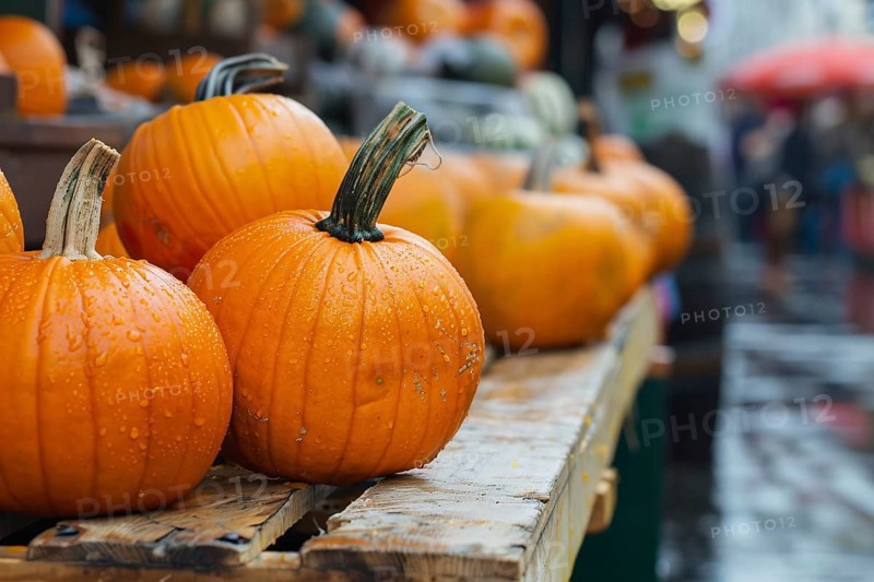 Many orange pumpkins on wooden racks at market. Generative Ai, AI generated