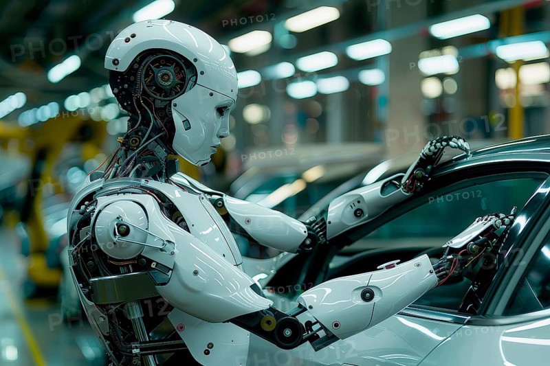 Futuristic humanoid cyborg working inside a car in a vehicle assembly production line, AI generated