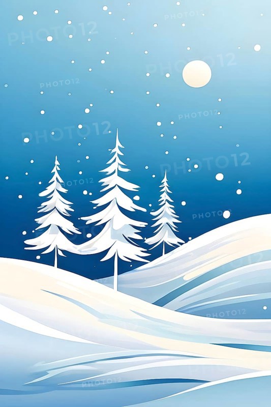 Abstract winter wonderland with minimalist stylized pine trees and snowdrifts using soft pastel colors and gentle curves, AI generated