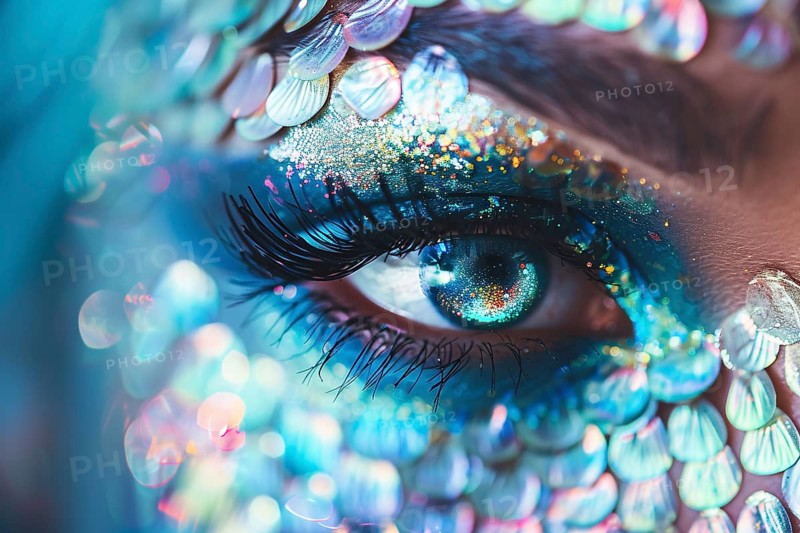 Close up of woman's beautiful mermaid Halloween costume eye makeup. Generative AI, AI generated