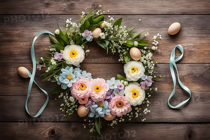 Spring wreath with pastel ribbons, speckled eggs, and blooming flowers, hanging on a wooden background, AI generated