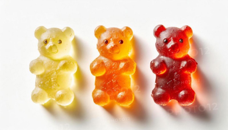 Colourful gummy bears lined up, the light makes their colours shine, gummy bears, AI generated, AI generated