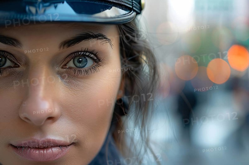 Close up of face of female police officer. KI generiert, generiert, AI generated