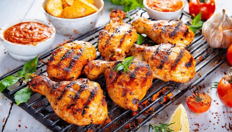 Food, dishes, many grilled chicken pieces on a grill, AI generated, AI generated