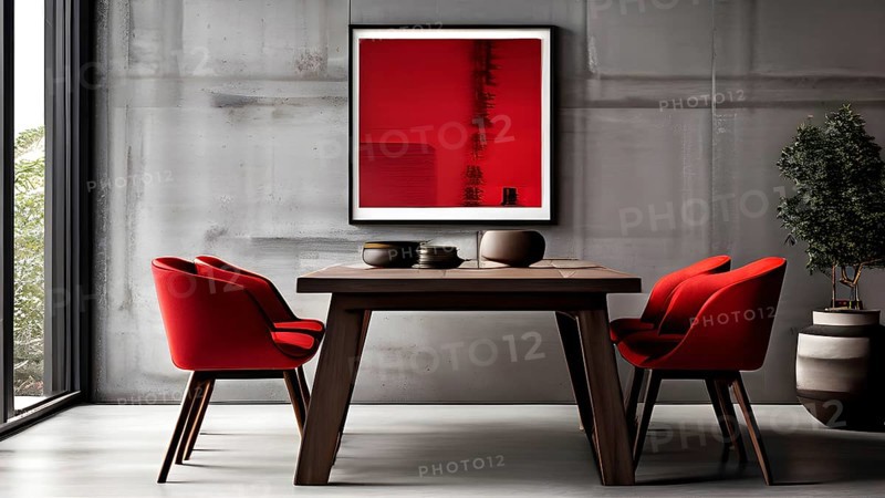 Minimalist modern interior showcasing a dining table with wooden chairs, AI generated