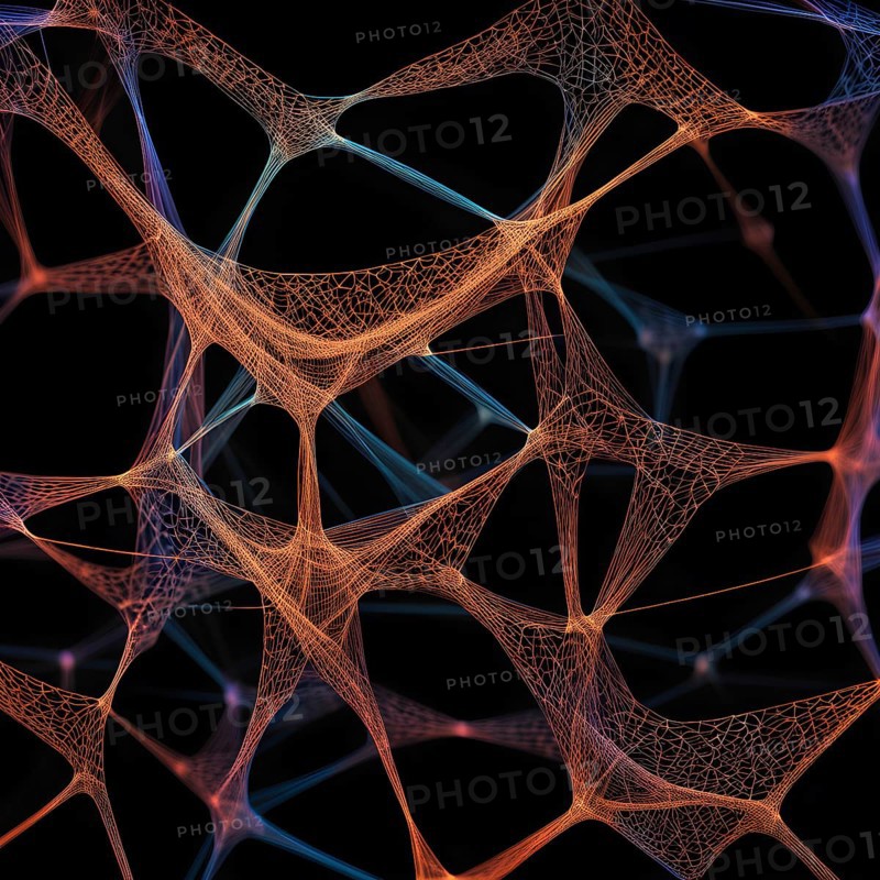 Network of interconnected shapes inspired by the structure of spider silk representing strength and flexibility in material science, AI generated