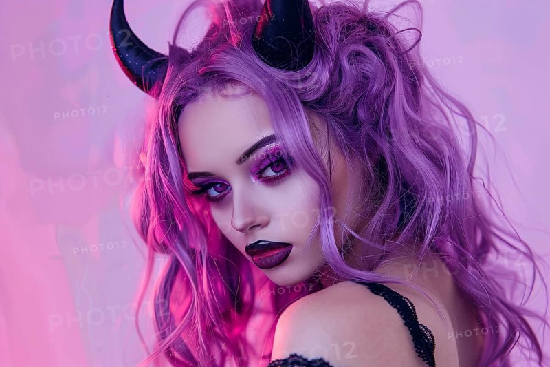 Young woman with Halloween costume devil horns and purple hair and makeup. Generative ai, AI generated