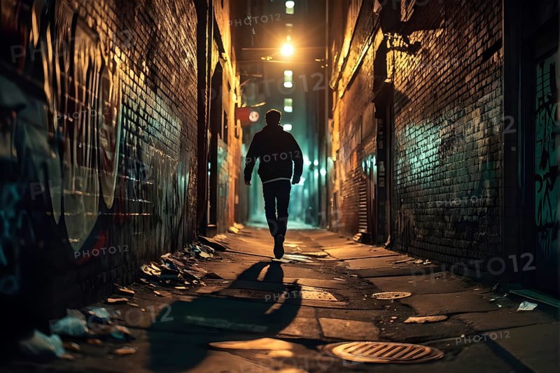 Man fleeing down a narrow dimly lit alleyway urban setting at nighttime, AI generated