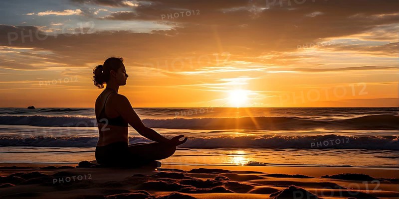 Early morning yoga session on a serene beach in sunrise, AI generated