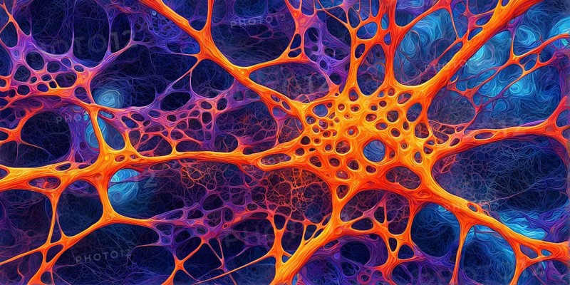 Abstract representation of neural networks modeled after the human brain with intricate web-like patterns and connections, AI generated