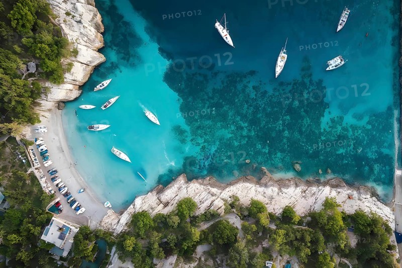 Aerial view of an idyllic harbor landscape with sailboats and yachts, AI generated