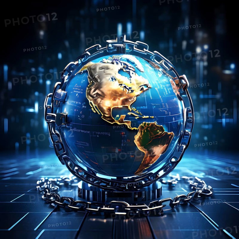 AI generated conceptual digital render showing a globe ensnared and locked by rusting steel chains