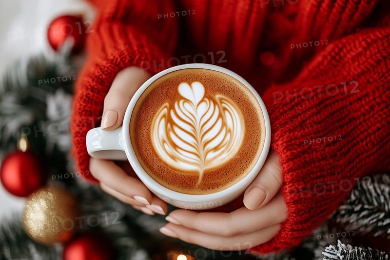 Woman hands holding coffee with latte art with blurry seasonal chiristmas decoration in background. Generative AI, AI generated