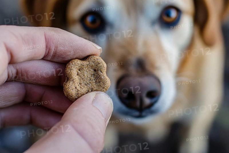 Close up of human hand holding small dog treat in hand with dog in blurry background. Generative Ai, AI generated