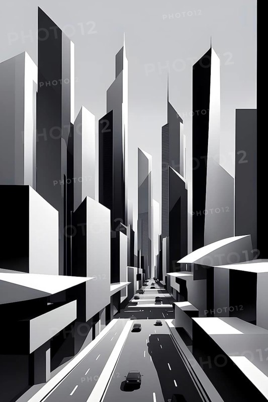 Modern city skyline using clean lines and geometric forms, with rectangular buildings and smooth, curved roads in a monochromatic color palette of grey, black, and white, AI generated