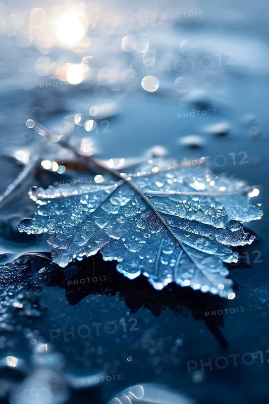 Delicate leaf resting on the surface of a frozen puddle, with intricate ice crystals forming beneath it, captured in soft, natural light, AI generated