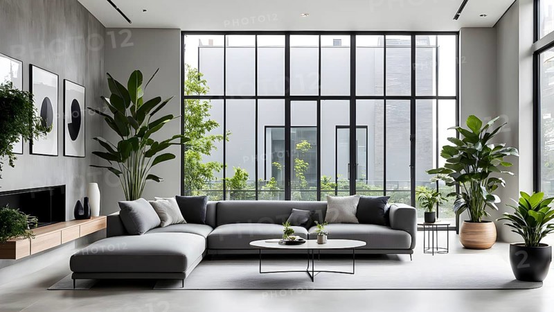 Render of a minimalist living room with clean lines and neutral tones, featuring a modern grey sofa, a single potted plant, and soft natural light streaming through large floor-to-ceiling windows, AI generated