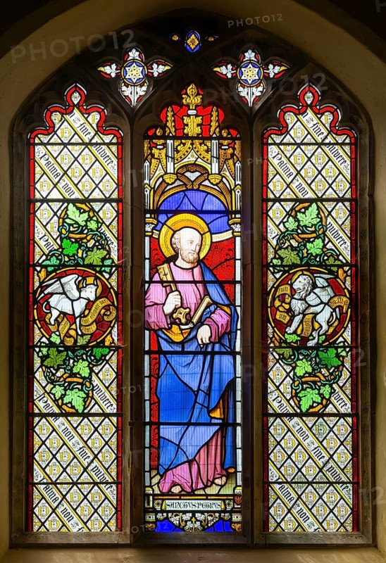 Stained glass window of Saint Peter by Thomas Willement 1848, Theberton church, Suffolk, England, UK