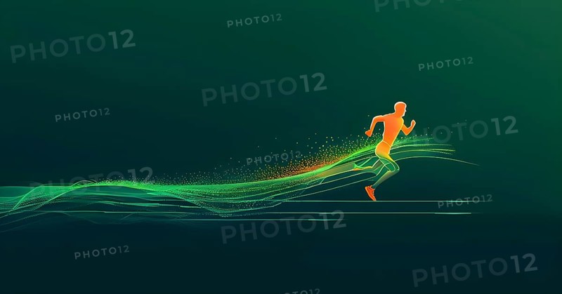 Illustration of a wave of vibrant data points shaping into a runner silhouette, conveying speed and precision guided by AI, AI generated