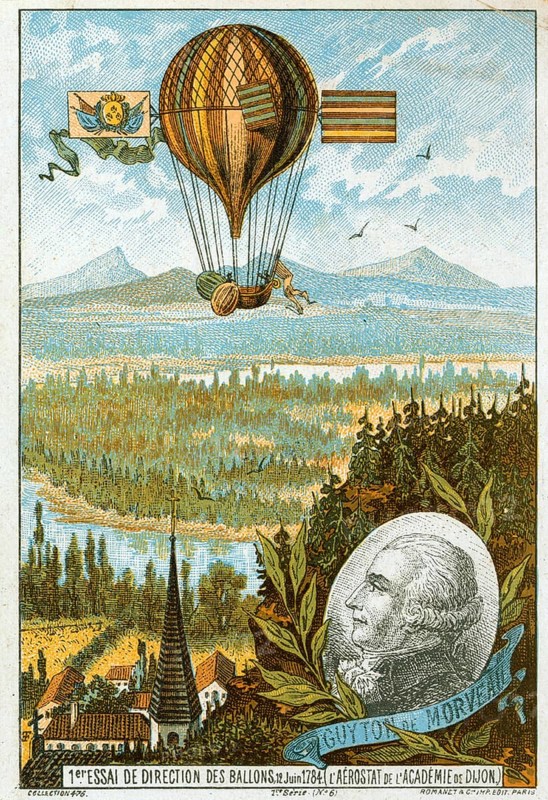 Guiton de Morveau (1737-1816), French chemist who made the first flight in a steerable balloon on 12 June 1784. Chromolithograph, ca. 1883. aviation, aeronautics, ballooning, flying