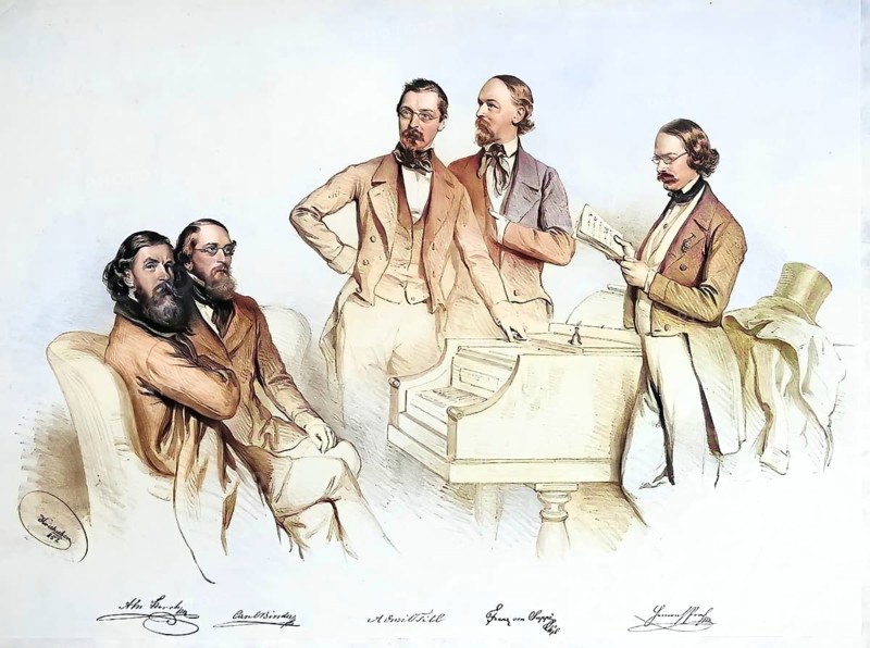 Viennese musicians 1852, Karl Binder, Heinrich Proch, deAnton, Maria Storch, Franz von Suppé and deAnton Emil, Historic, digitally restored reproduction from a 19th century original, Record date not stated