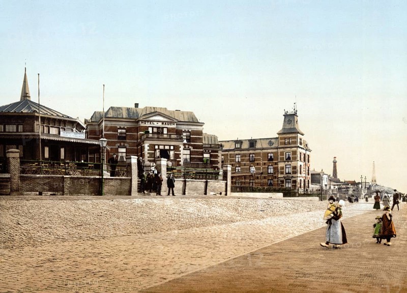Hotels, lighthouse and memorial post, 1830, Scheveningen, Holland, c. 1895, Historic, digitally restored reproduction from a 19th century original, Record date not stated