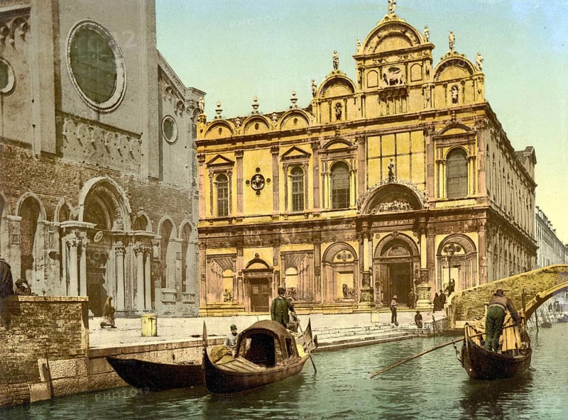 The Scuola Grande di San Marco is a building in Venice, Italy, designed by the famous Venetian architects Pietro Lombardo, Mauro Codussi and Bartolomeo Bon. It was originally the home to one of one of Venice's Scuole Grandi, Venice, Historic, digitally restored reproduction of a 19th century original, recording date unknown, Scuola Grande di San Marco is a building in Venice, Italy, designed by the well-known Venetian architects Pietro Lombardo, Mauro Codussi, and Bartolomeo Bon. It was originally the home to one of the Scuole Grandi of Venice, Venice, Historic, digitally restored reproduction from a 19th century original, Record date not stated, Europe
