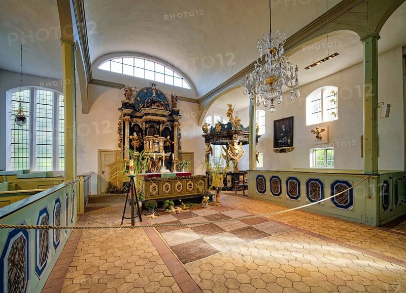 Prerow Seamen's Church with altar and baptistery, oldest church on the Darß, interior view, Prerow, Fischland-Darß-Zingst peninsula, Mecklenburg-Western Pomerania, Germany, Europe
